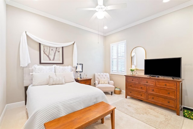 bedroom with baseboards, light colored carpet, ornamental molding, and a ceiling fan