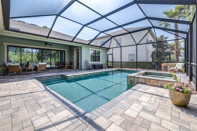 view of pool featuring ceiling fan, a patio, outdoor lounge area, and a lanai