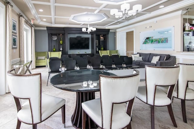 tiled dining room with recessed lighting, coffered ceiling, an inviting chandelier, and crown molding