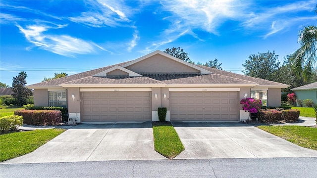 single story home featuring stucco siding, an attached garage, driveway, and roof with shingles