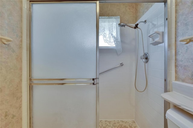 bathroom featuring a stall shower and toilet