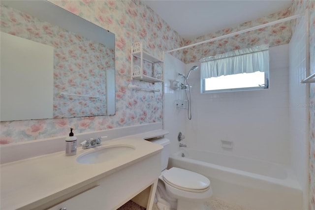 full bathroom featuring bathtub / shower combination, wallpapered walls, toilet, and vanity