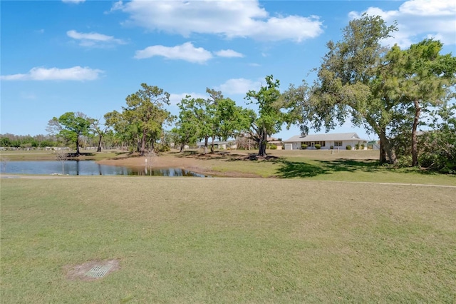 view of home's community with a water view and a yard