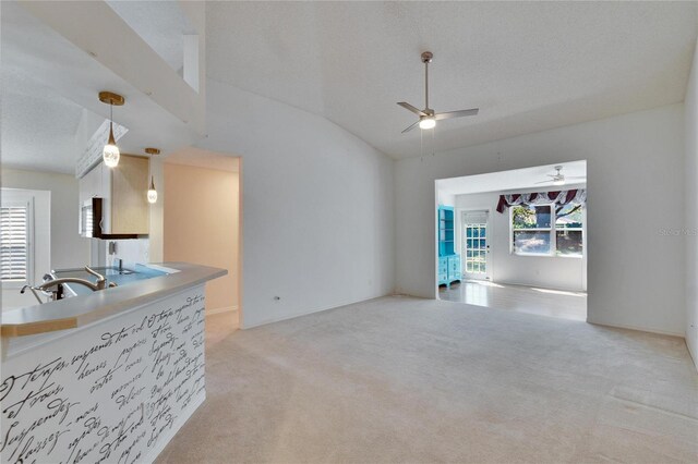 1034 Mcdaniel St Unit 1034, Sun City Center, FL 33573 - unfurnished living room featuring lofted ceiling, carpet flooring, a ceiling fan, and a textured ceiling