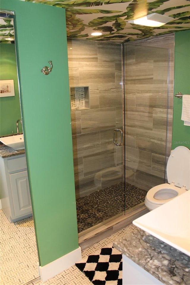 bathroom featuring a shower stall, toilet, and a sink