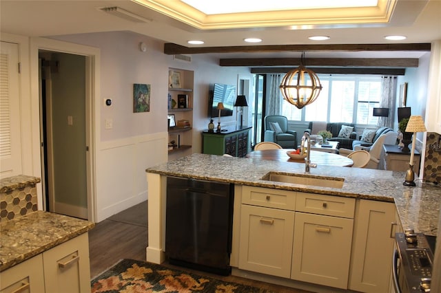 979 E Gulf Dr Unit D402, Sanibel, FL 33957 - kitchen with light stone counters, a sink, dark wood-style flooring, black dishwasher, and visible vents