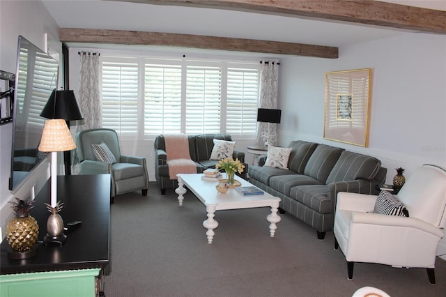 979 E Gulf Dr Unit D402, Sanibel, FL 33957 - living area featuring beamed ceiling, carpet floors, and a wainscoted wall