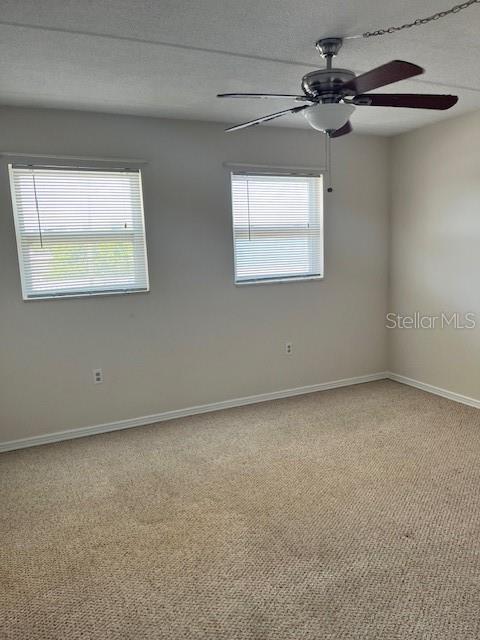 spare room featuring a healthy amount of sunlight, a textured ceiling, light colored carpet, and baseboards