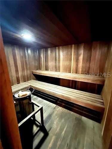 view of sauna with wood finished floors