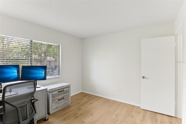 office area featuring light wood-style flooring, baseboards, and a textured ceiling