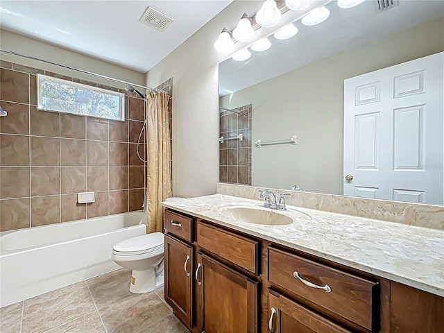 bathroom with visible vents, toilet, shower / bath combo with shower curtain, tile patterned floors, and vanity