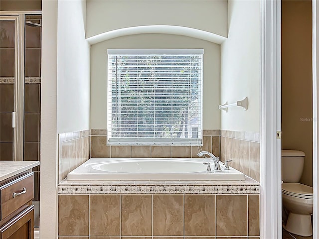 bathroom with a wealth of natural light, a garden tub, and toilet