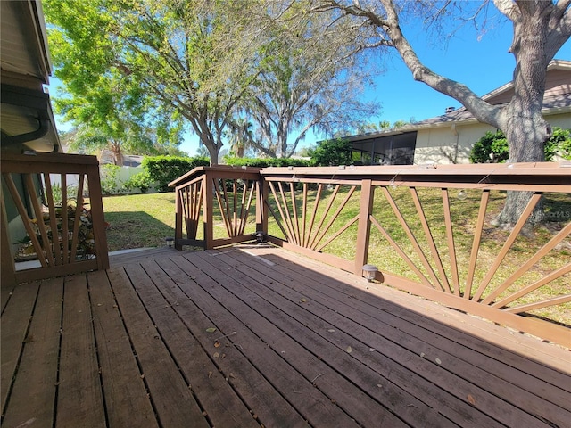 deck featuring a yard and a fenced backyard