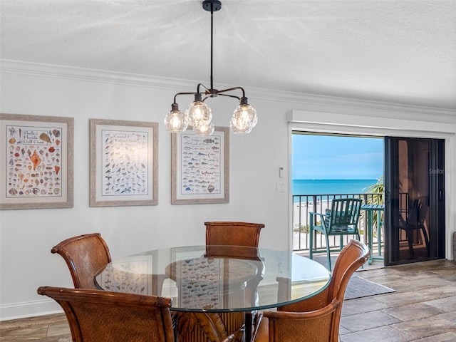 dining room with a textured ceiling, crown molding, baseboards, and wood finished floors