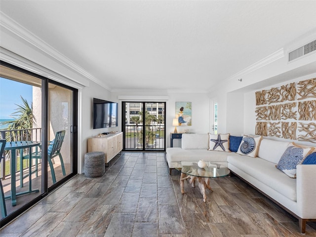 living area featuring visible vents and crown molding