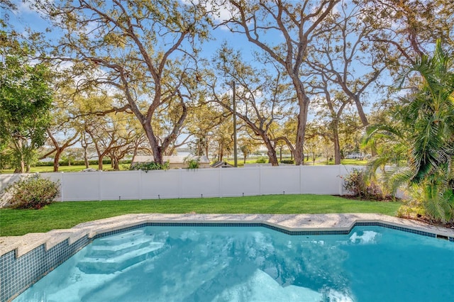 view of swimming pool with a yard, a fenced backyard, and a fenced in pool