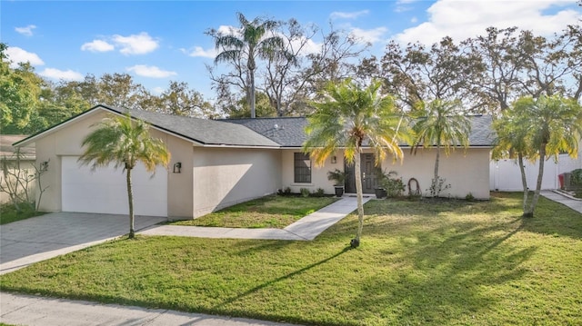 single story home featuring an attached garage, a shingled roof, stucco siding, concrete driveway, and a front lawn