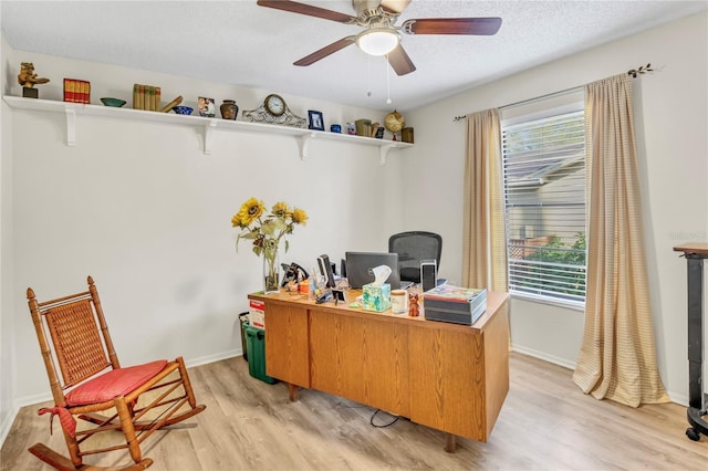 home office featuring a wealth of natural light, light wood-style flooring, a textured ceiling, and a ceiling fan