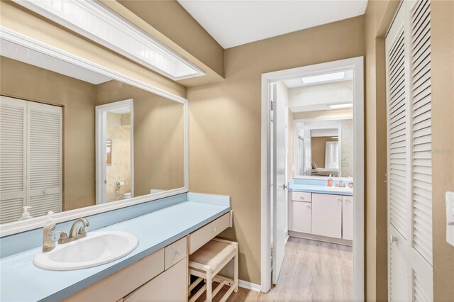 bathroom with a closet, vanity, baseboards, and wood finished floors