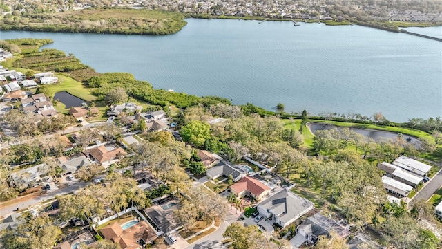 aerial view featuring a water view and a residential view