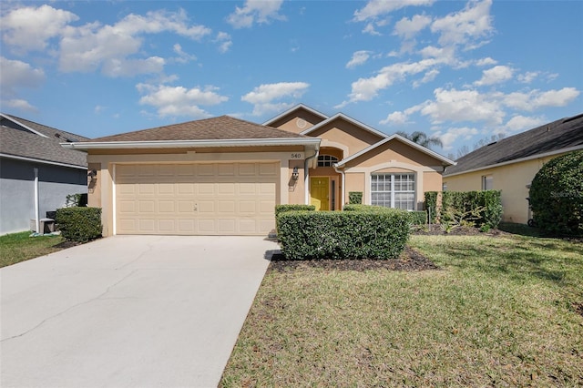 single story home with stucco siding, an attached garage, concrete driveway, and a front lawn