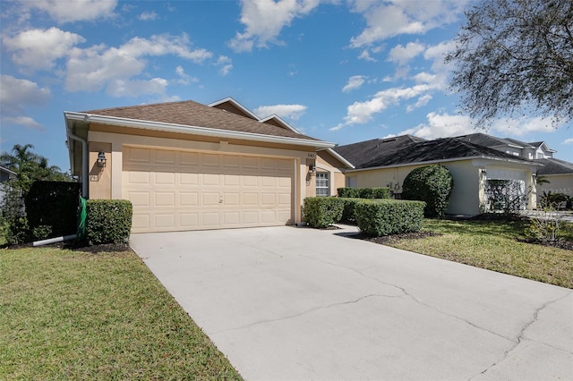 ranch-style home featuring stucco siding, concrete driveway, a front lawn, and a garage