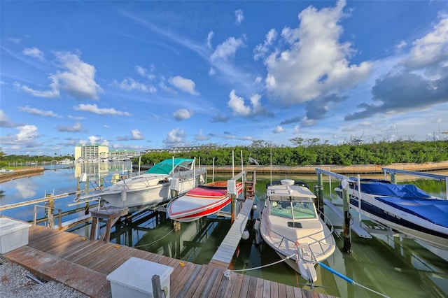 dock area with boat lift and a water view