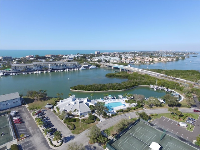 bird's eye view with a water view