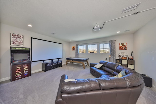 carpeted home theater with visible vents, recessed lighting, and baseboards