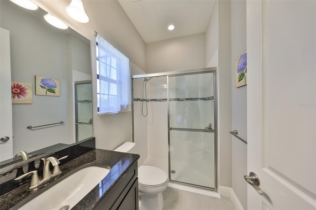 bathroom with tile patterned floors, a stall shower, toilet, and vanity