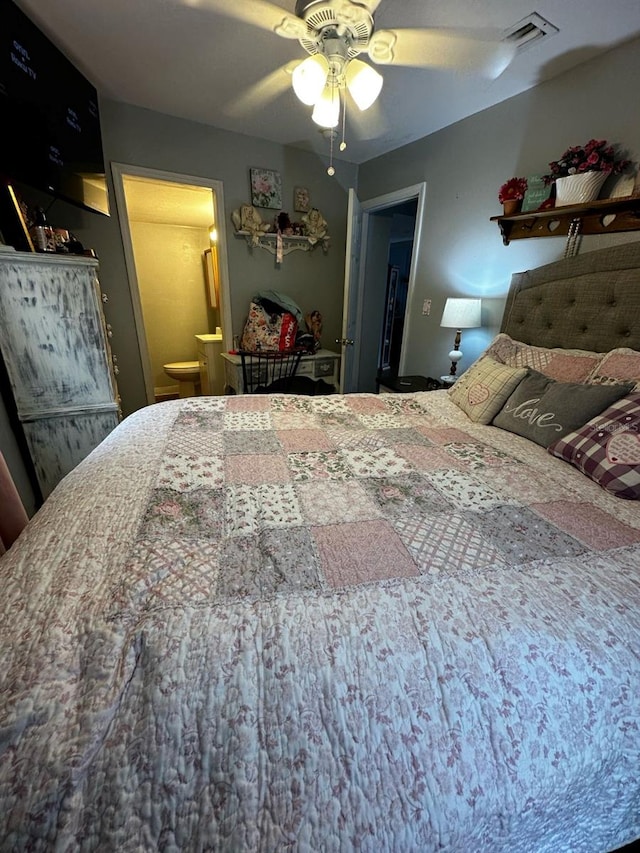 bedroom with a ceiling fan, visible vents, and connected bathroom