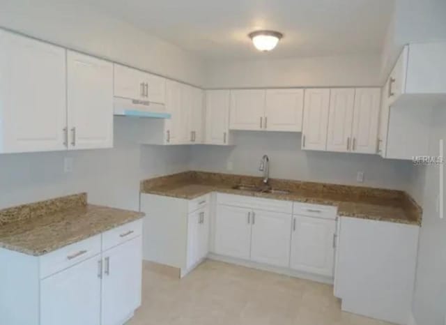 kitchen featuring white cabinetry, light stone counters, under cabinet range hood, and a sink