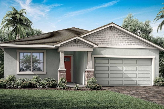 5206 125th Ave E, Parrish, FL 34219 - view of front of property featuring stucco siding, a front lawn, decorative driveway, stone siding, and an attached garage