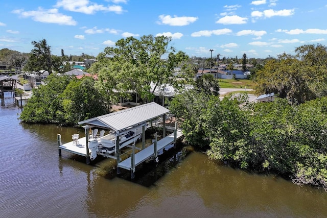 view of dock featuring boat lift and a water view