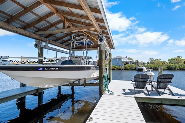 view of dock with a water view and boat lift