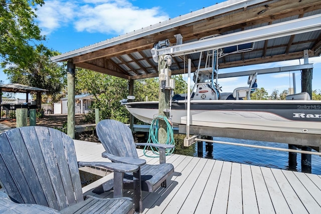 view of dock with boat lift