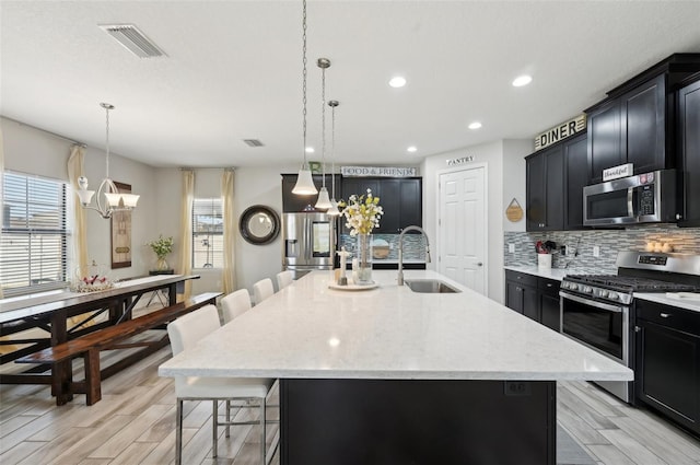 kitchen featuring visible vents, a sink, backsplash, appliances with stainless steel finishes, and dark cabinets