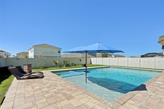 view of swimming pool with a fenced in pool, a patio, and a fenced backyard