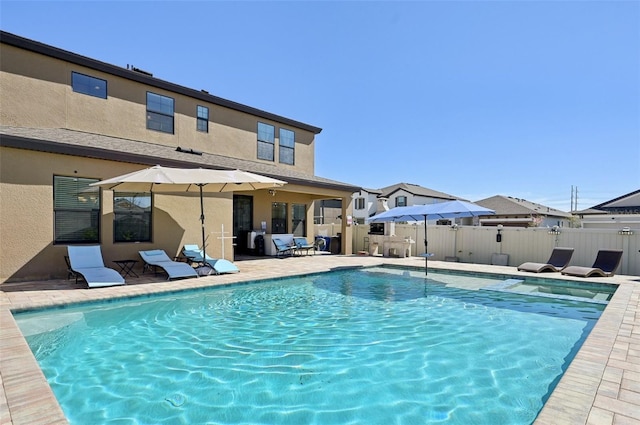 view of pool featuring a fenced in pool, a patio, and fence