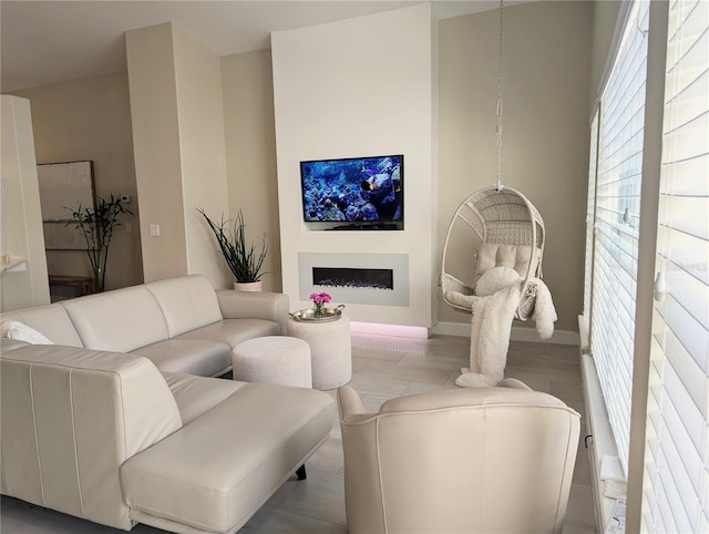 living room featuring wood finished floors and a fireplace