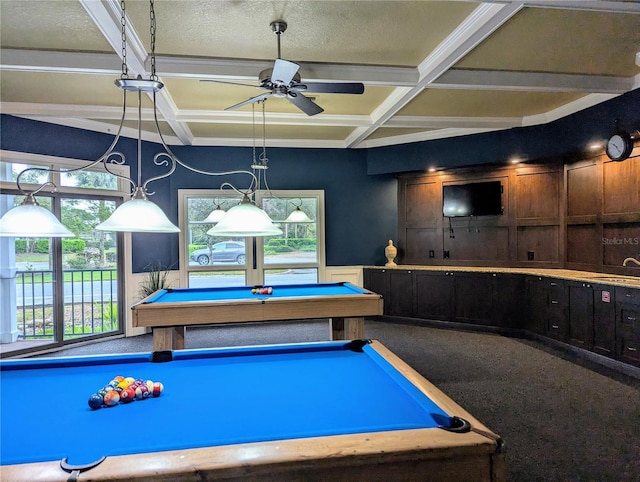 recreation room featuring pool table, plenty of natural light, coffered ceiling, and a sink