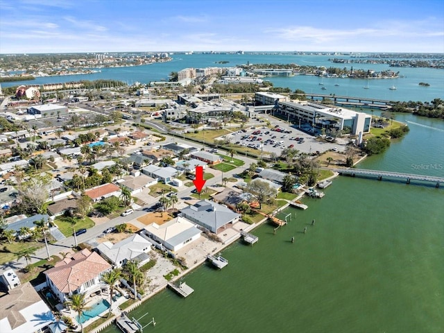 bird's eye view with a water view