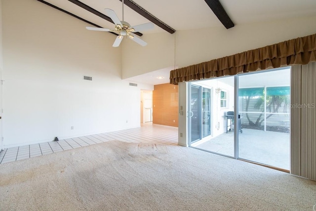 tiled empty room featuring visible vents, high vaulted ceiling, ceiling fan, beamed ceiling, and carpet flooring