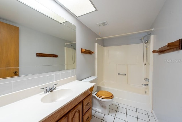 full bath featuring tasteful backsplash, visible vents, shower / washtub combination, toilet, and tile patterned floors