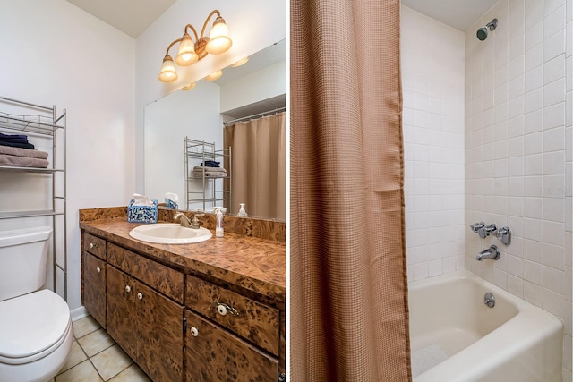 bathroom with tile patterned floors, toilet, shower / bath combo, and vanity