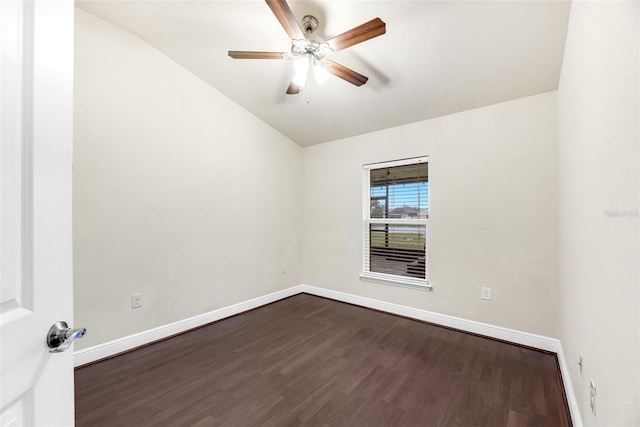 unfurnished room with dark wood finished floors, ceiling fan, and baseboards