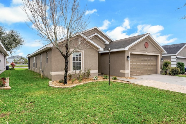 single story home with stucco siding, driveway, a front yard, and a garage