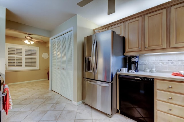 kitchen with backsplash, stainless steel fridge, light countertops, dishwasher, and ceiling fan