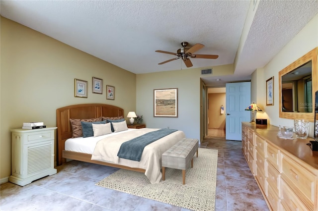 bedroom with visible vents, a textured ceiling, and a ceiling fan