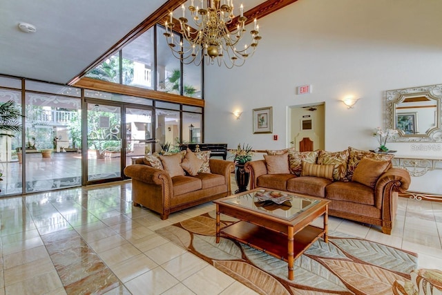 living area with a wall of windows